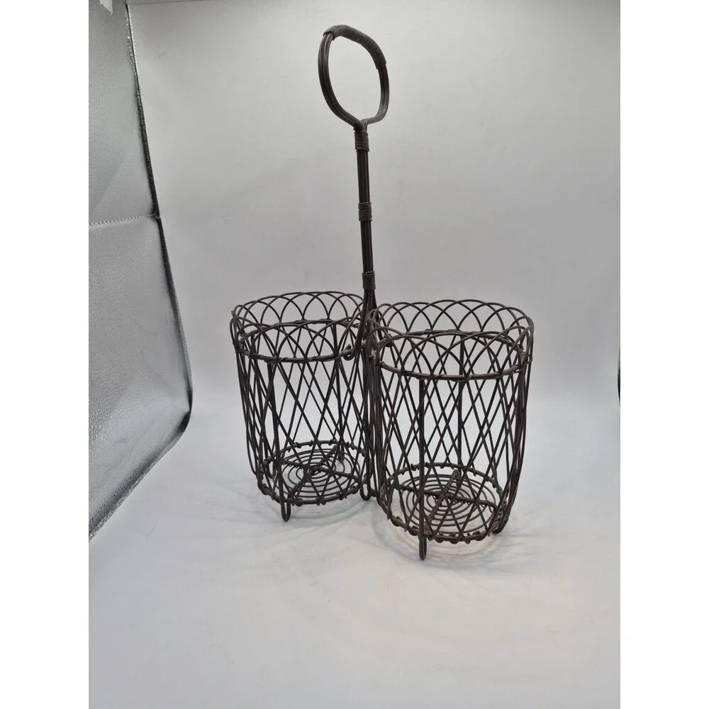 Metal Black Wire Wicker 2 Caddy Carrier Tote W/ Handle Wine Caddy Utensil Caddy
